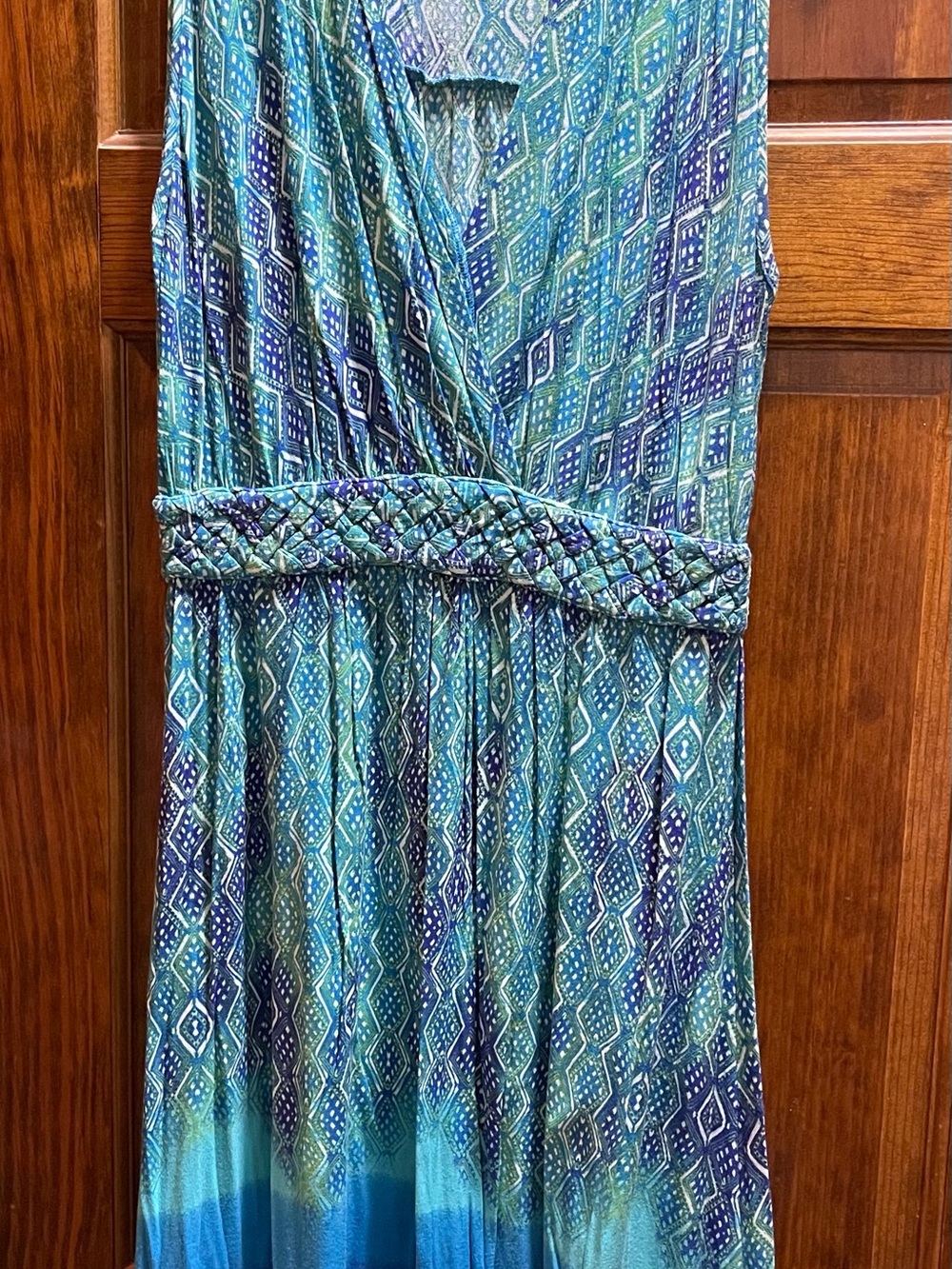 Blue-Green Patterned Braided-Waist Dress